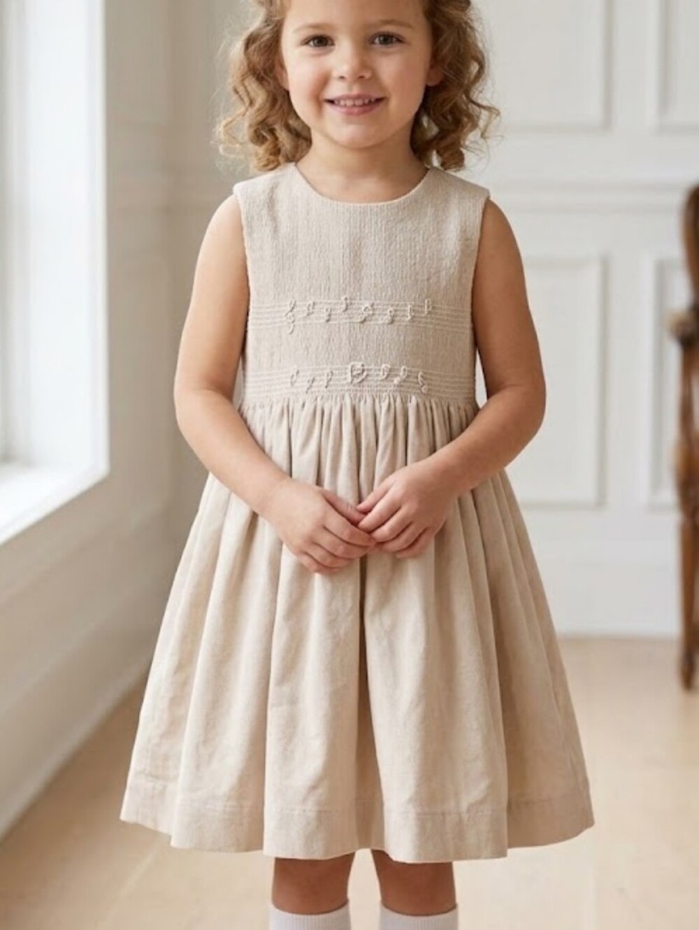 Tartine et Chocolat Paris Girls Beige Smocked Musical Notes Dress 4 Yrs Lined